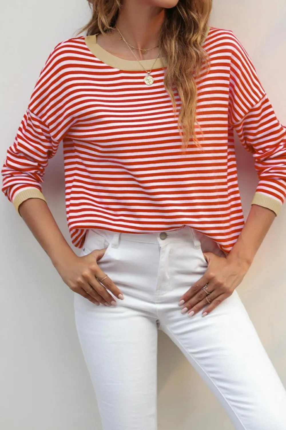 New Dear-Lover Contrast Trimmed Striped Drop Shoulder Sweater Fiery Red