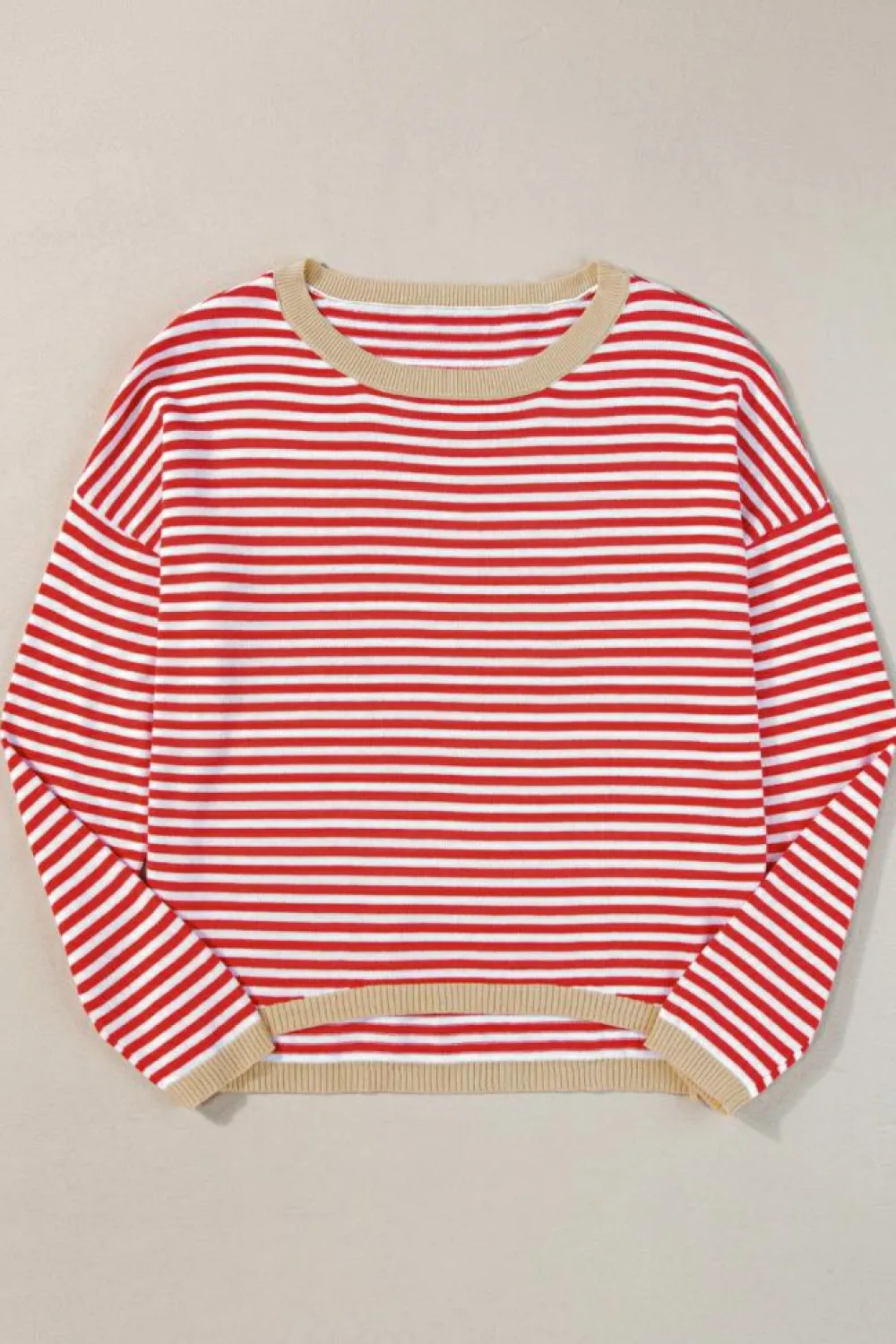 New Dear-Lover Contrast Trimmed Striped Drop Shoulder Sweater Fiery Red