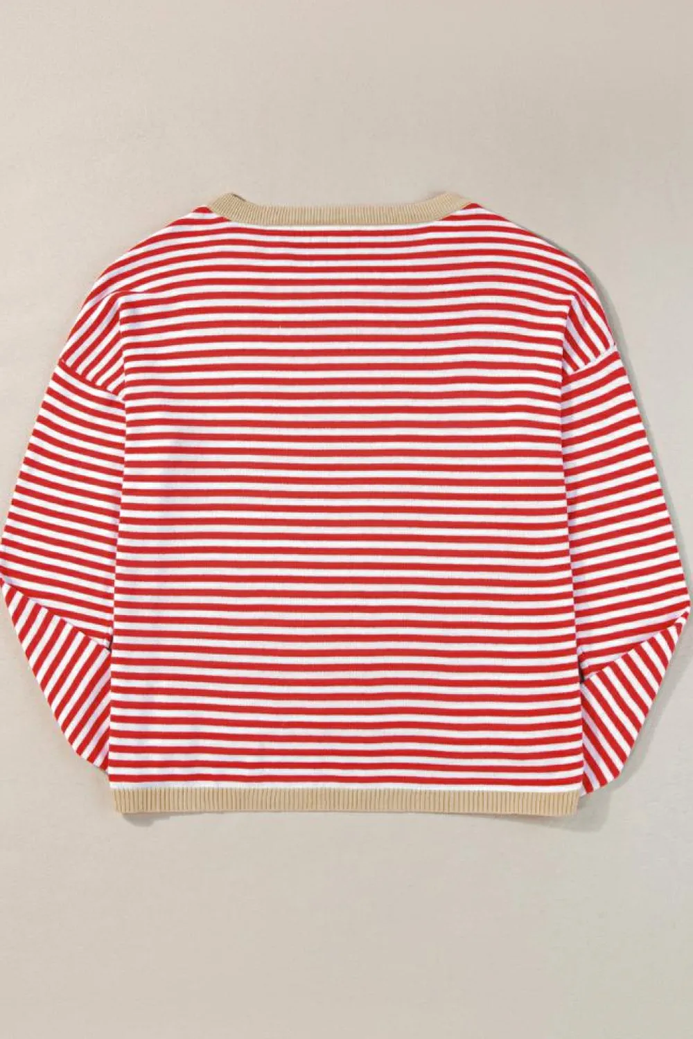 New Dear-Lover Contrast Trimmed Striped Drop Shoulder Sweater Fiery Red