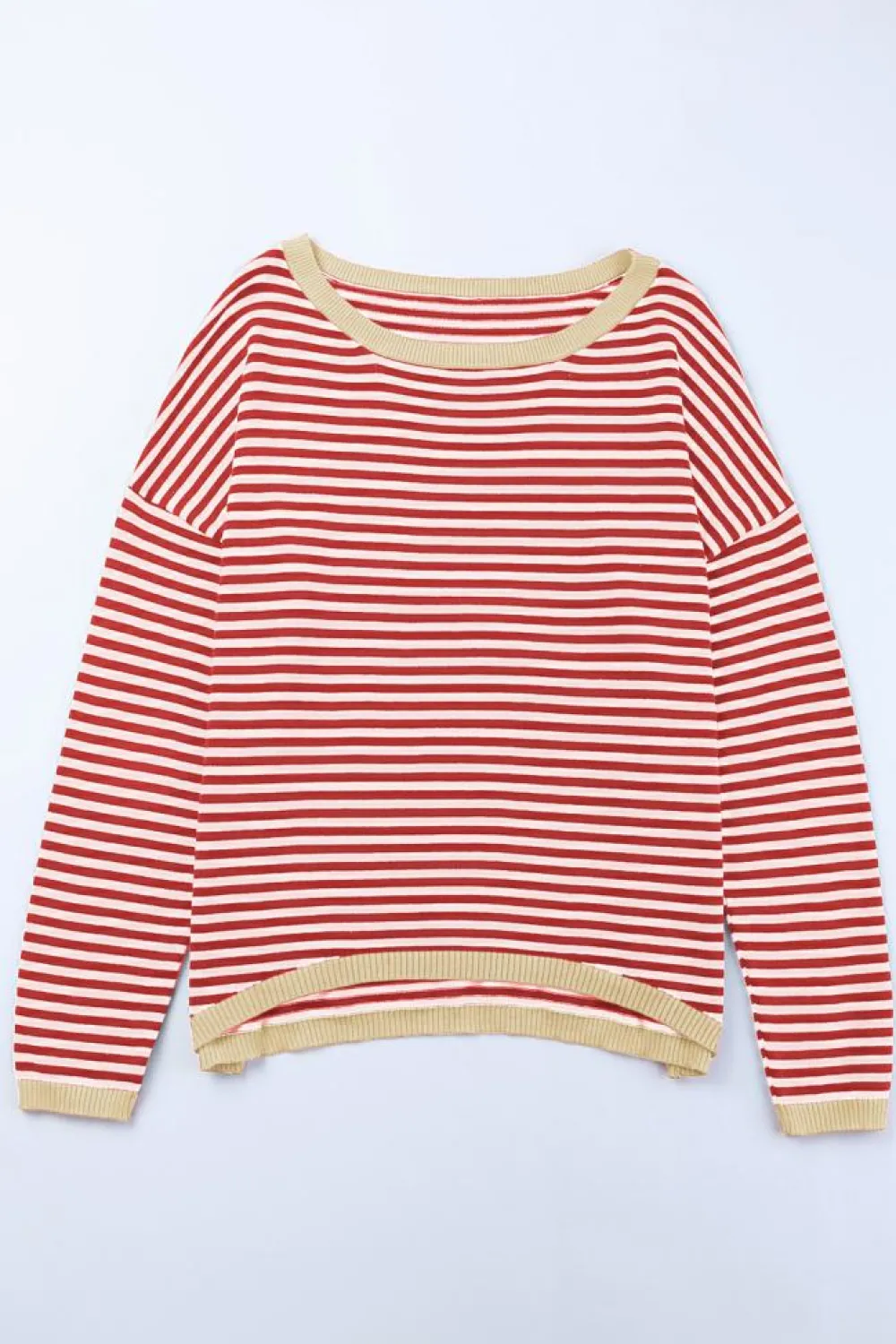 New Dear-Lover Contrast Trimmed Striped Drop Shoulder Sweater Fiery Red