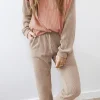 Fashion Dear-Lover Corded 2pcs Colorblock Pullover and Pants Outfit Fiery Red