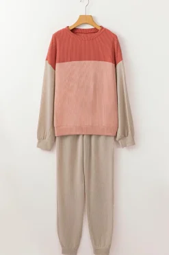 Fashion Dear-Lover Corded 2pcs Colorblock Pullover and Pants Outfit Fiery Red