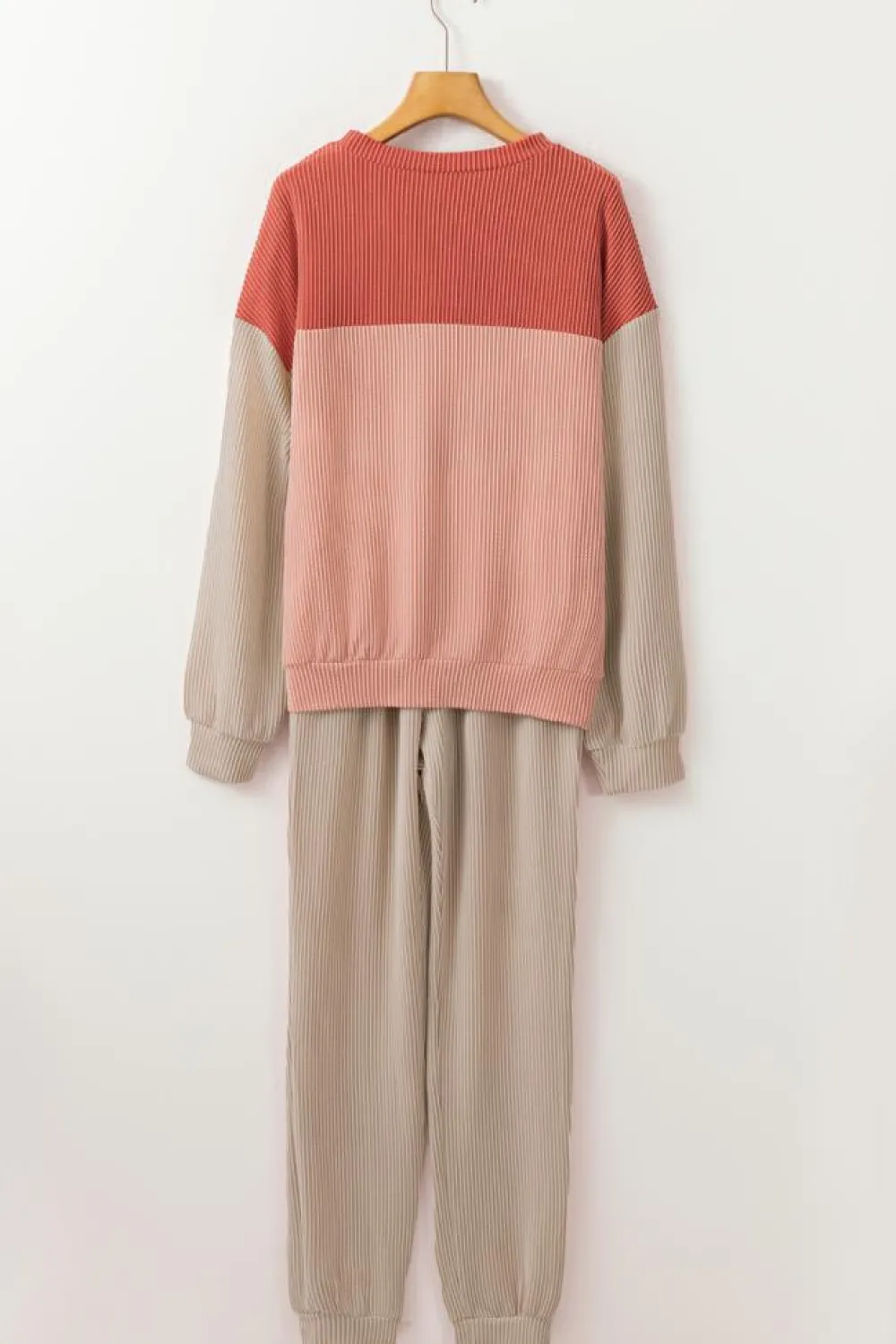 Fashion Dear-Lover Corded 2pcs Colorblock Pullover and Pants Outfit Fiery Red
