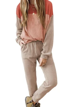 Fashion Dear-Lover Corded 2pcs Colorblock Pullover and Pants Outfit Fiery Red