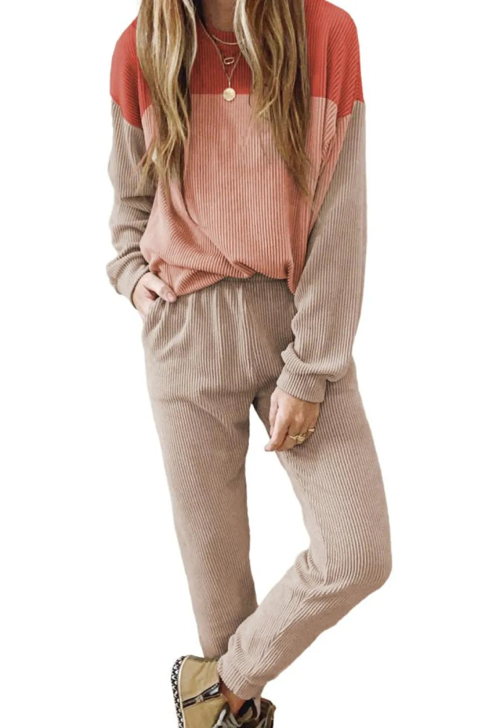 Fashion Dear-Lover Corded 2pcs Colorblock Pullover and Pants Outfit Fiery Red