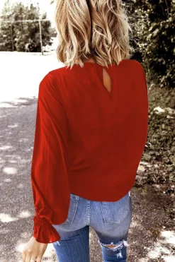 Hot Dear-Lover Crew Neck Ruffle Bubble Sleeve Top Fiery Red