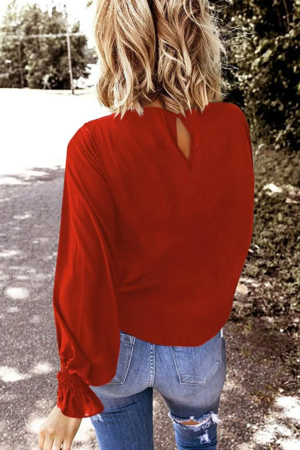 Hot Dear-Lover Crew Neck Ruffle Bubble Sleeve Top Fiery Red
