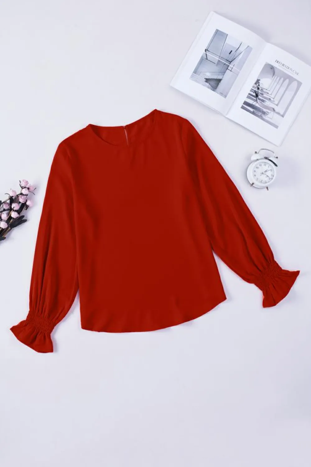 Hot Dear-Lover Crew Neck Ruffle Bubble Sleeve Top Fiery Red