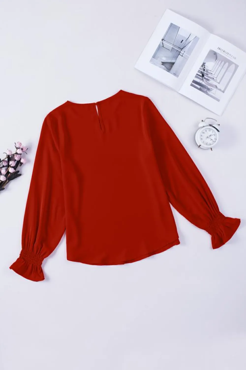 Hot Dear-Lover Crew Neck Ruffle Bubble Sleeve Top Fiery Red