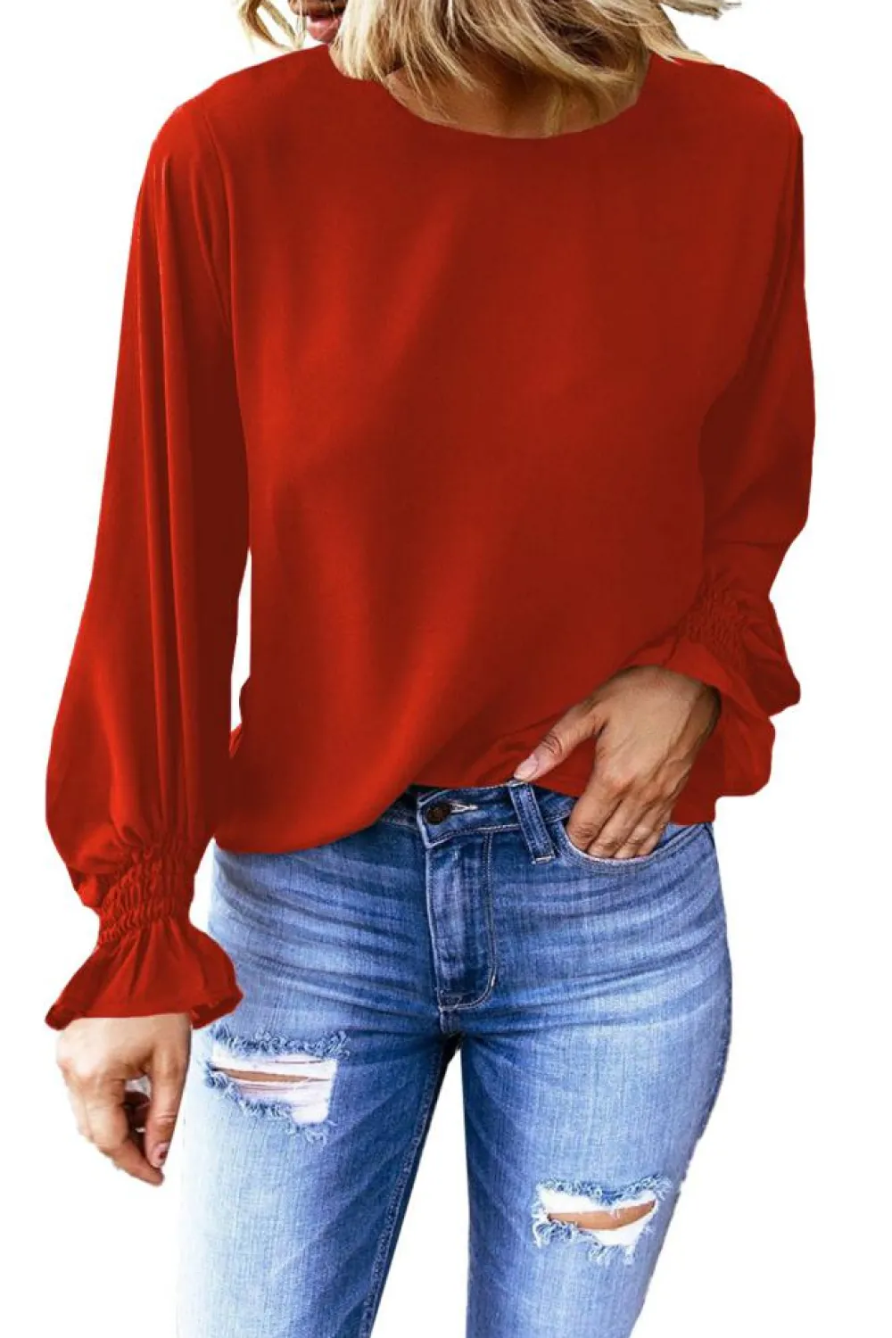 Hot Dear-Lover Crew Neck Ruffle Bubble Sleeve Top Fiery Red