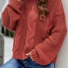 Fashion Dear-Lover Cuddle Weather Cable Knit Handmade Turtleneck Sweater Fiery Red