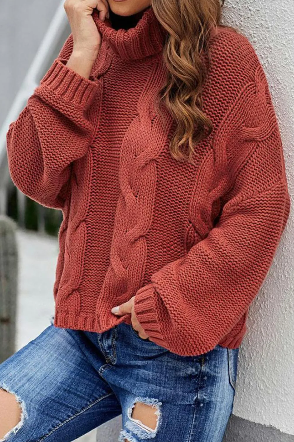 Fashion Dear-Lover Cuddle Weather Cable Knit Handmade Turtleneck Sweater Fiery Red
