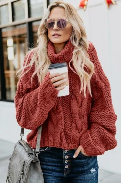 Fashion Dear-Lover Cuddle Weather Cable Knit Handmade Turtleneck Sweater Fiery Red
