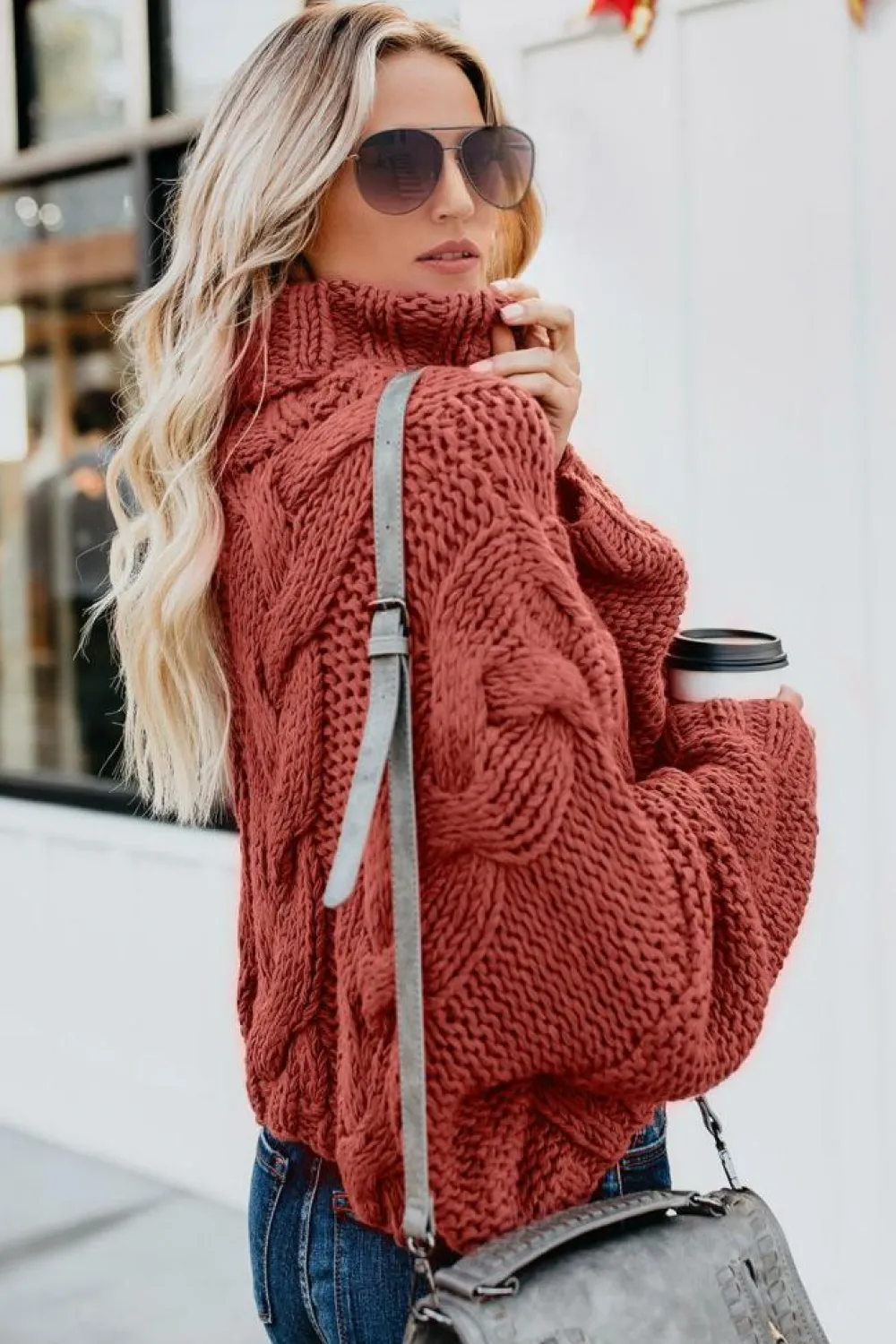 Fashion Dear-Lover Cuddle Weather Cable Knit Handmade Turtleneck Sweater Fiery Red