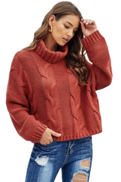Fashion Dear-Lover Cuddle Weather Cable Knit Handmade Turtleneck Sweater Fiery Red