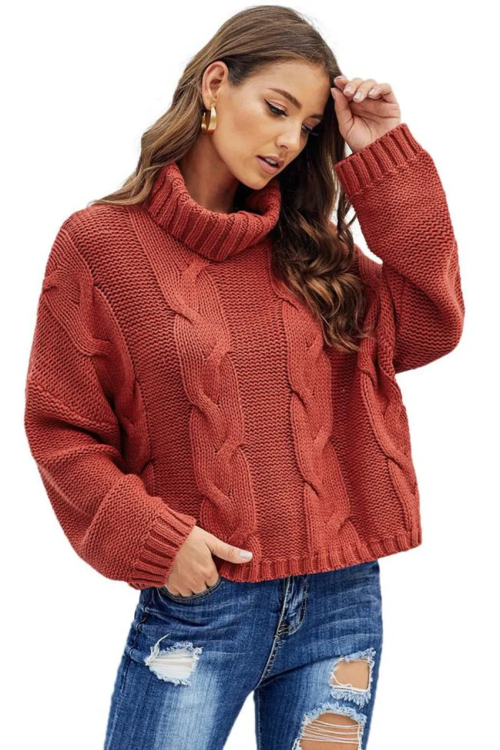 Fashion Dear-Lover Cuddle Weather Cable Knit Handmade Turtleneck Sweater Fiery Red