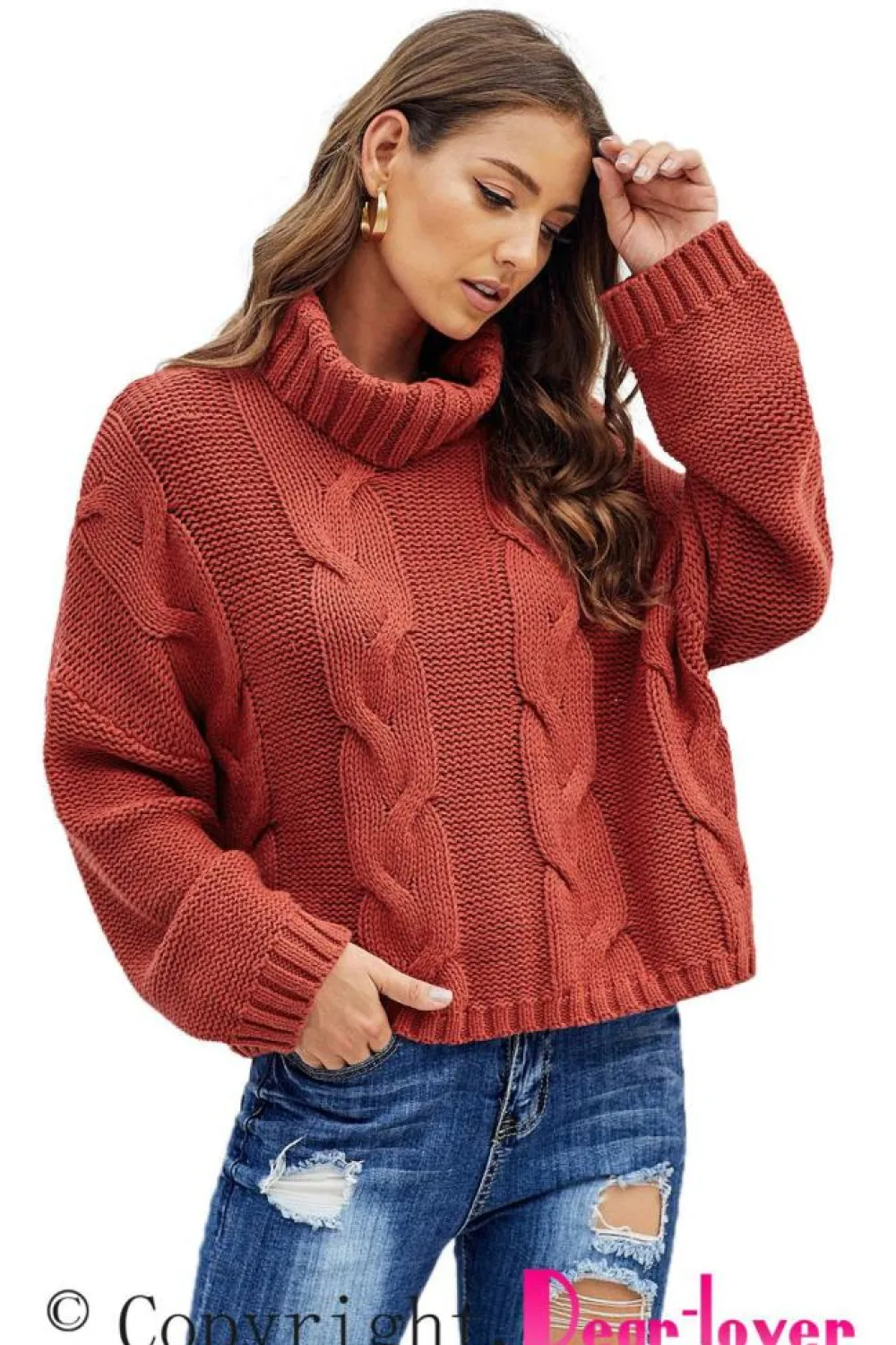 Fashion Dear-Lover Cuddle Weather Cable Knit Handmade Turtleneck Sweater Fiery Red