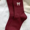 Fashion Dear-Lover Embroidered Bowknot Ribbed Crew Socks Fiery Red