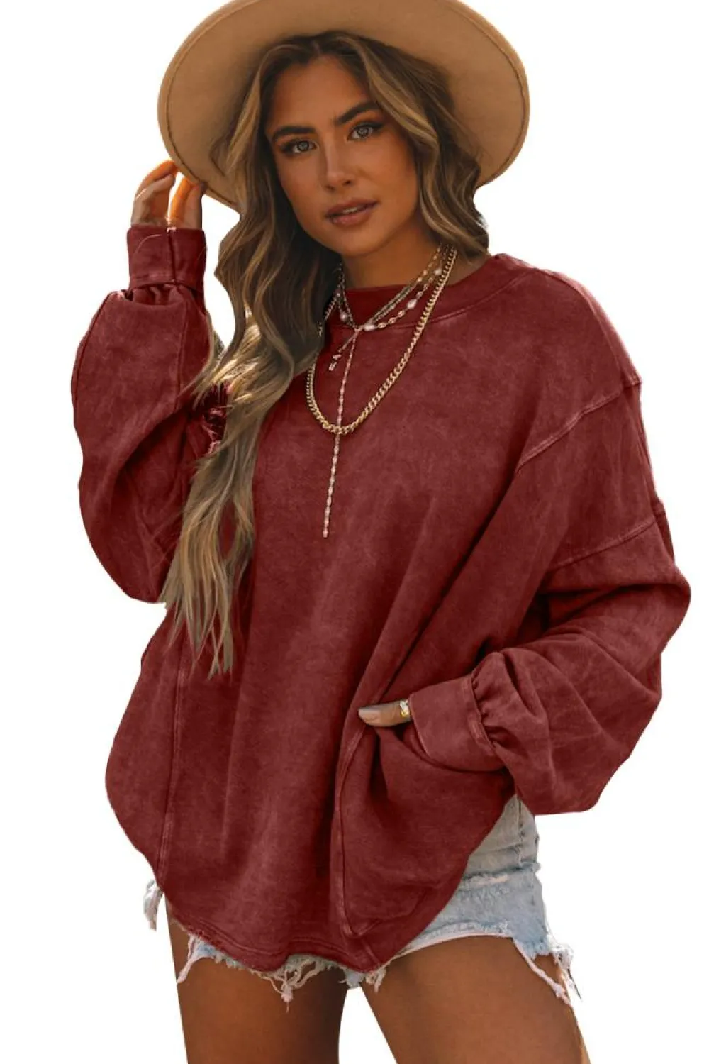 Fashion Dear-Lover Exposed Seam Twist Open Back Oversized Sweatshirt Fiery Red