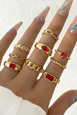 Discount Dear-Lover Faux Gem Inlay Heart Shape Alloy Ring Set Fiery Red