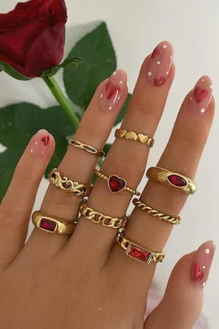Discount Dear-Lover Faux Gem Inlay Heart Shape Alloy Ring Set Fiery Red