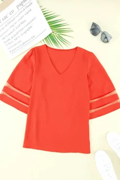 Hot Dear-Lover Flare Sleeve V Neck Loose Blouse Fiery Red