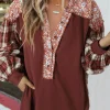 Hot Dear-Lover Floral Plaid Mixed Print Bishop Sleeve Patchwork Top Fiery Red
