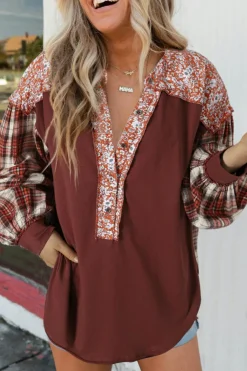 Hot Dear-Lover Floral Plaid Mixed Print Bishop Sleeve Patchwork Top Fiery Red