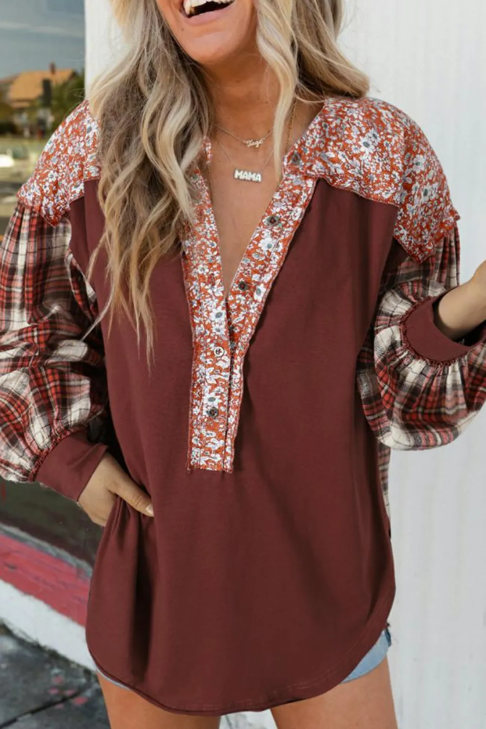 Hot Dear-Lover Floral Plaid Mixed Print Bishop Sleeve Patchwork Top Fiery Red