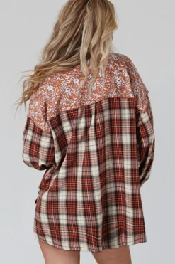Hot Dear-Lover Floral Plaid Mixed Print Bishop Sleeve Patchwork Top Fiery Red