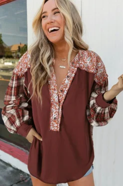 Hot Dear-Lover Floral Plaid Mixed Print Bishop Sleeve Patchwork Top Fiery Red