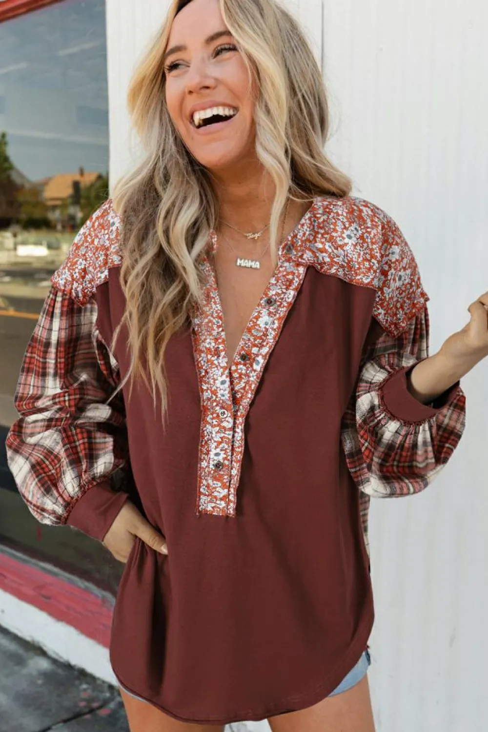 Hot Dear-Lover Floral Plaid Mixed Print Bishop Sleeve Patchwork Top Fiery Red