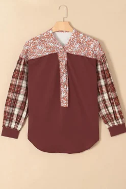 Hot Dear-Lover Floral Plaid Mixed Print Bishop Sleeve Patchwork Top Fiery Red