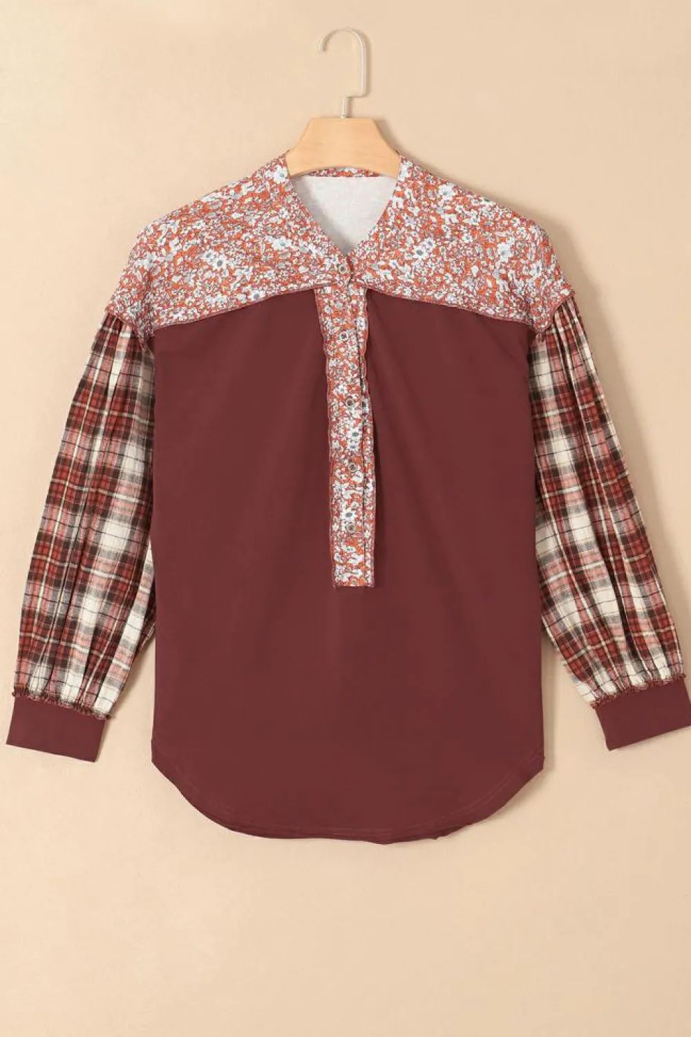 Hot Dear-Lover Floral Plaid Mixed Print Bishop Sleeve Patchwork Top Fiery Red