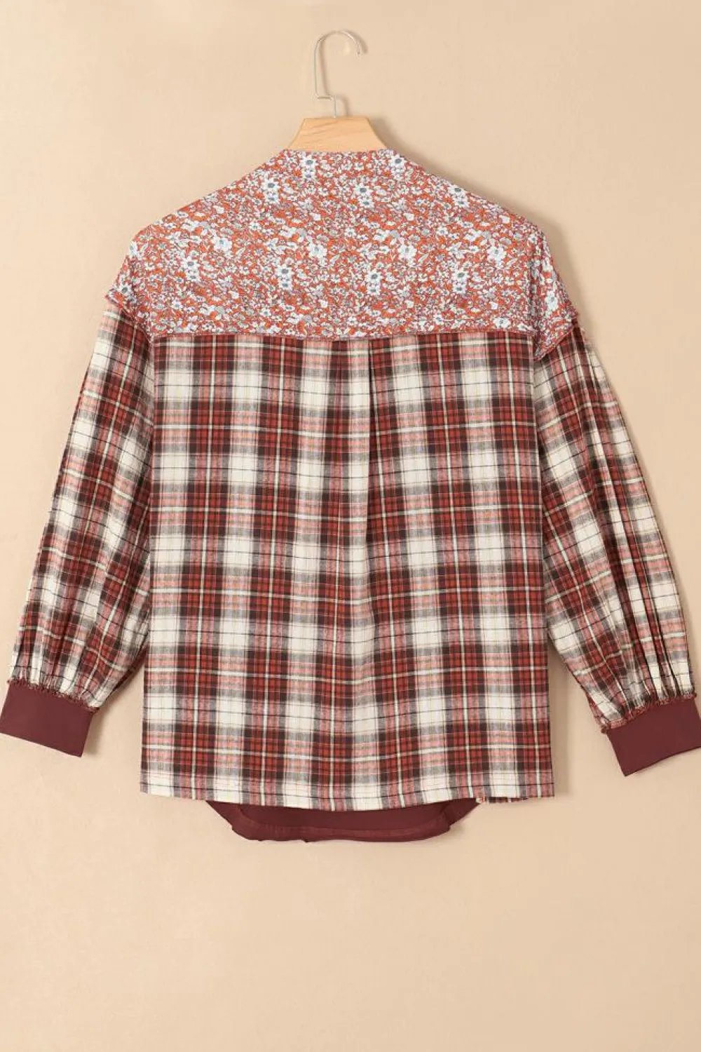Hot Dear-Lover Floral Plaid Mixed Print Bishop Sleeve Patchwork Top Fiery Red