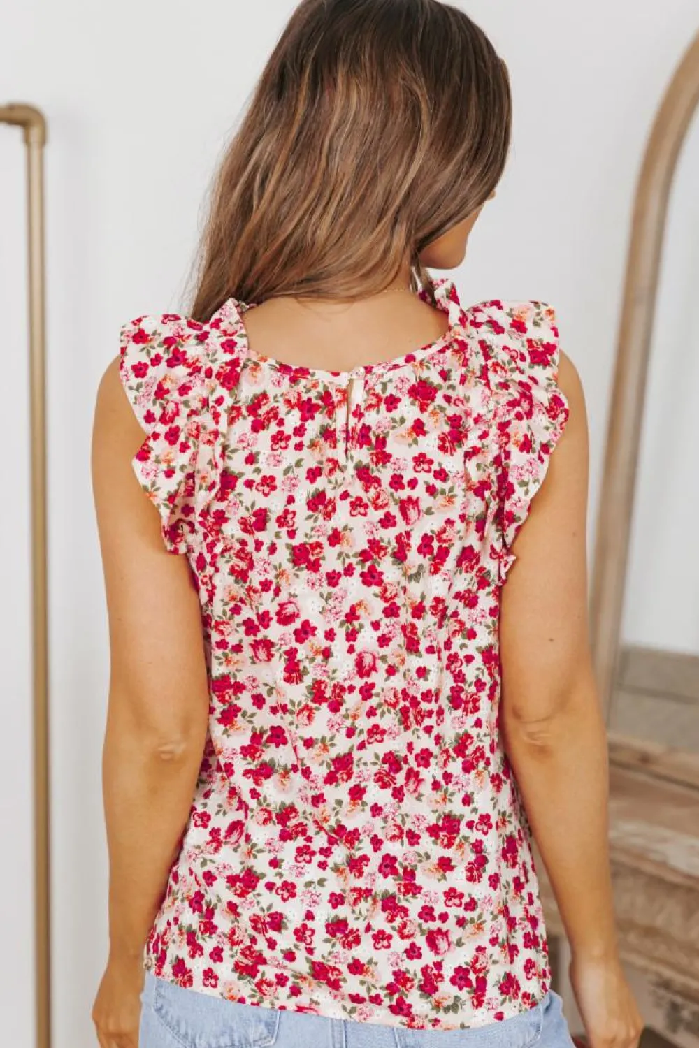 Best Dear-Lover Floral Print Ruffled Mock Neck Sleeveless Top Fiery Red