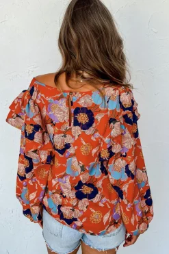 Hot Dear-Lover Floral Print Ruffle Puff Sleeve Blouse Fiery Red