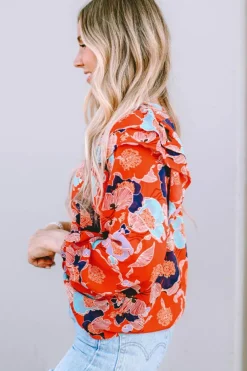 Hot Dear-Lover Floral Print Ruffle Puff Sleeve Blouse Fiery Red