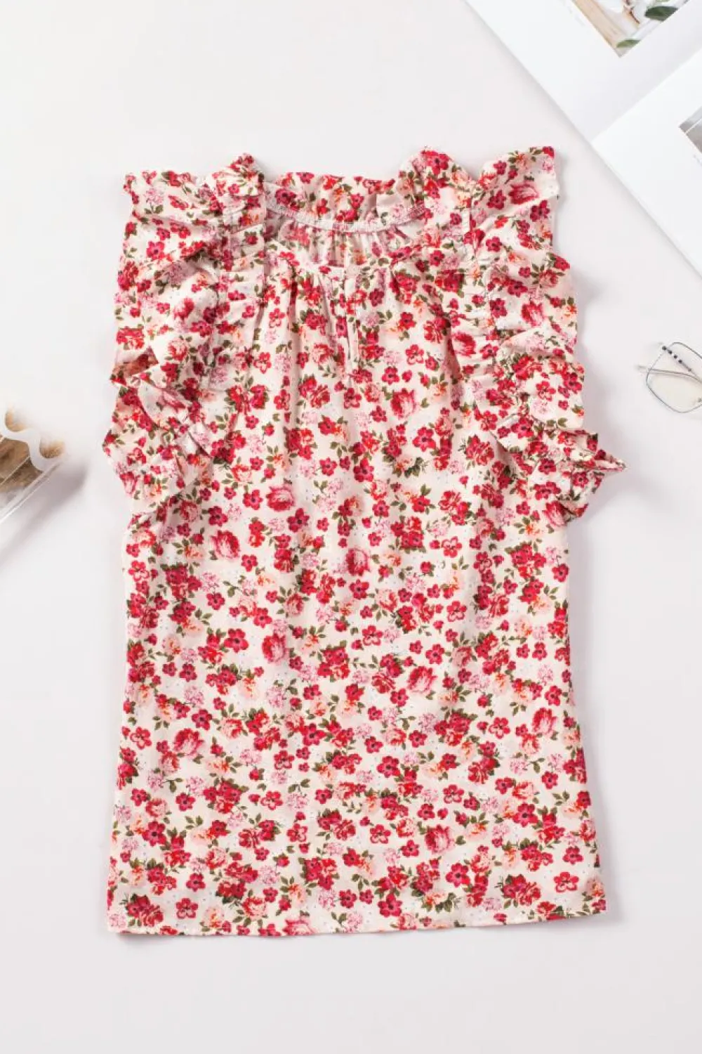Best Dear-Lover Floral Print Ruffled Mock Neck Sleeveless Top Fiery Red
