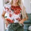 Online Dear-Lover Floral Short Sleeve Round Neck Blouse Fiery Red