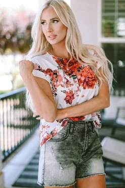 Online Dear-Lover Floral Short Sleeve Round Neck Blouse Fiery Red