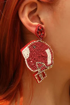 Online Dear-Lover Game Day Rice Beaded Football Helmet Dangle Earrings Fiery Red
