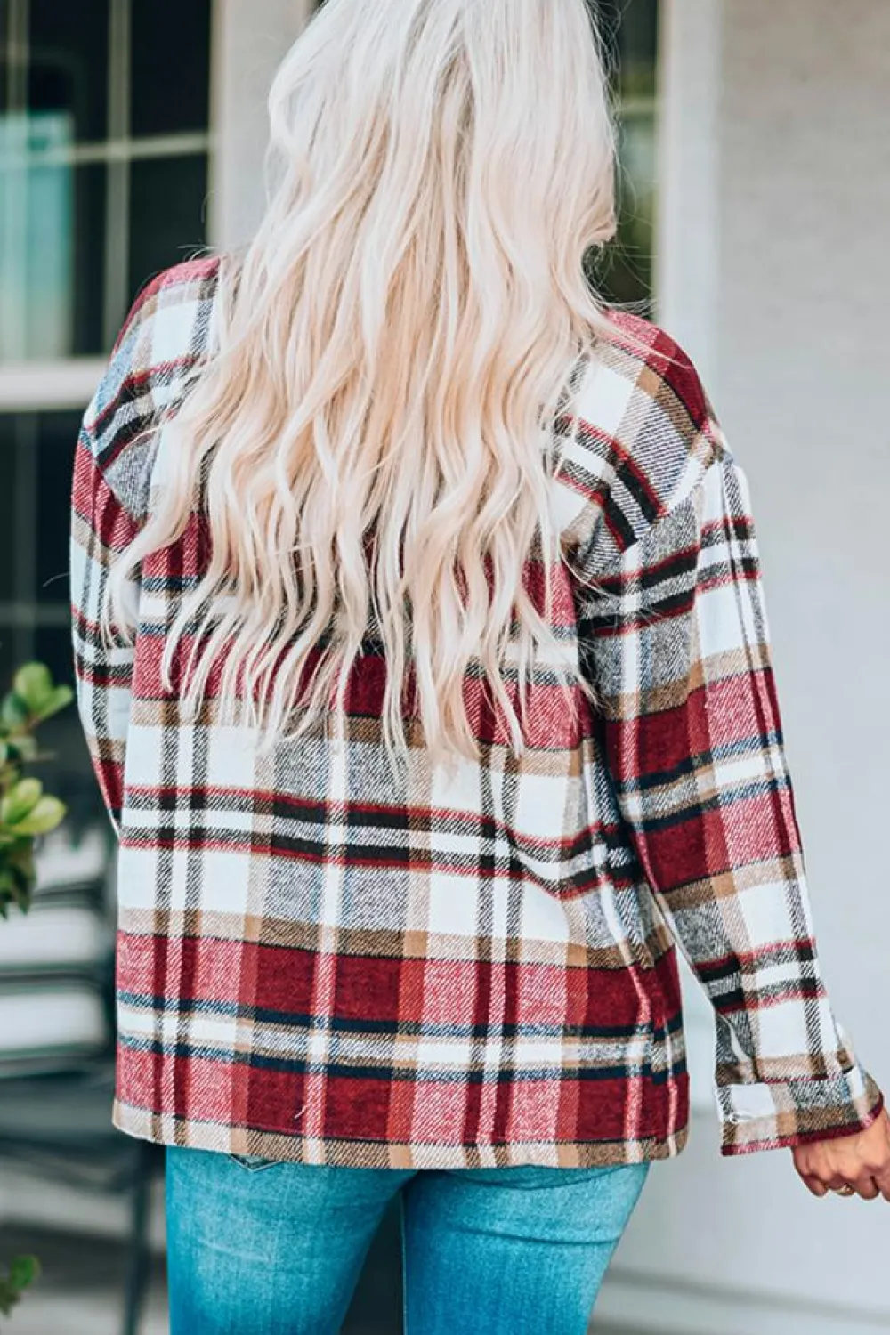 New Dear-Lover Geometric Plaid Print Pocketed Shacket Fiery Red
