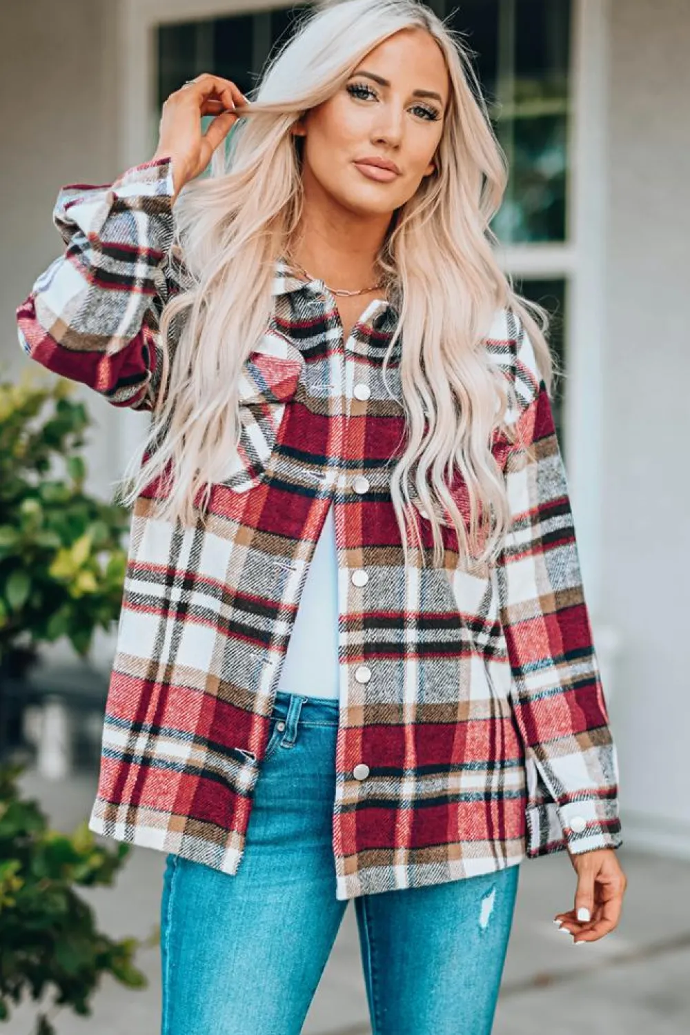New Dear-Lover Geometric Plaid Print Pocketed Shacket Fiery Red