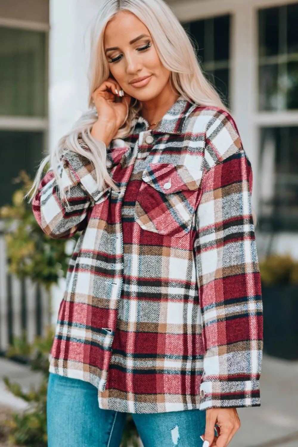 New Dear-Lover Geometric Plaid Print Pocketed Shacket Fiery Red