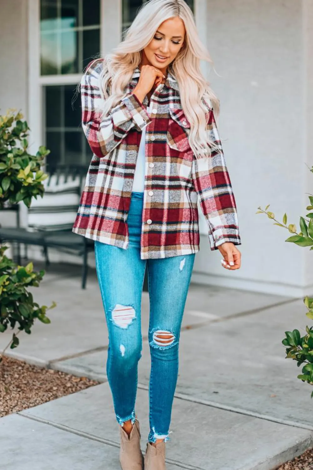 New Dear-Lover Geometric Plaid Print Pocketed Shacket Fiery Red
