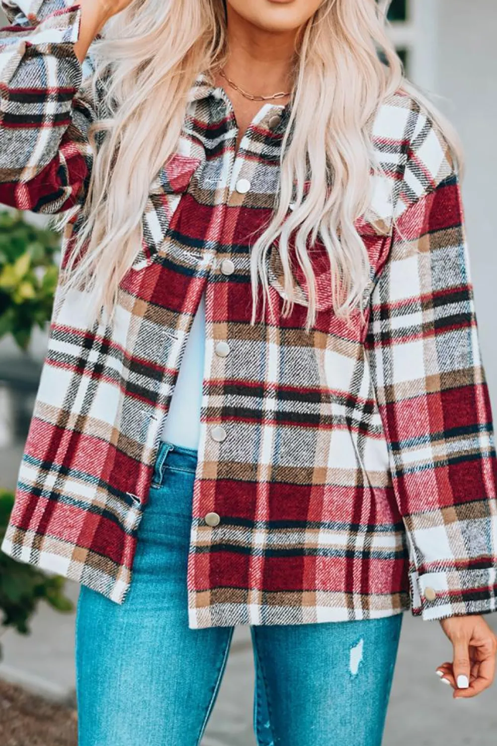New Dear-Lover Geometric Plaid Print Pocketed Shacket Fiery Red