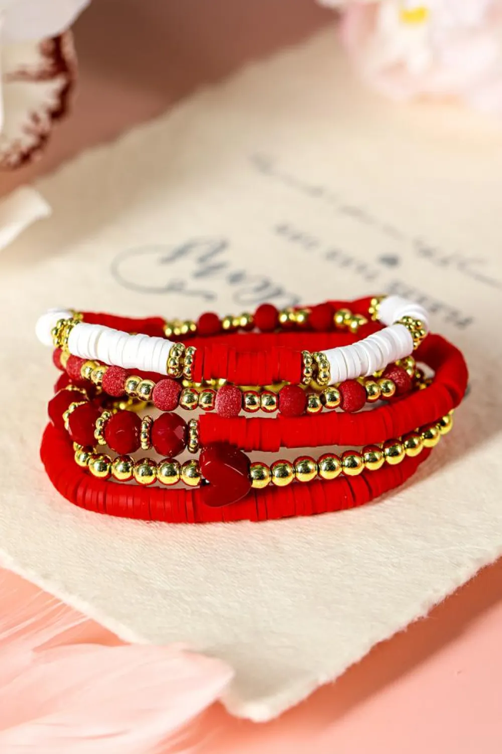 Sale Dear-Lover Heart Beaded Multi Layered Elastic Bracelet Set Fiery Red