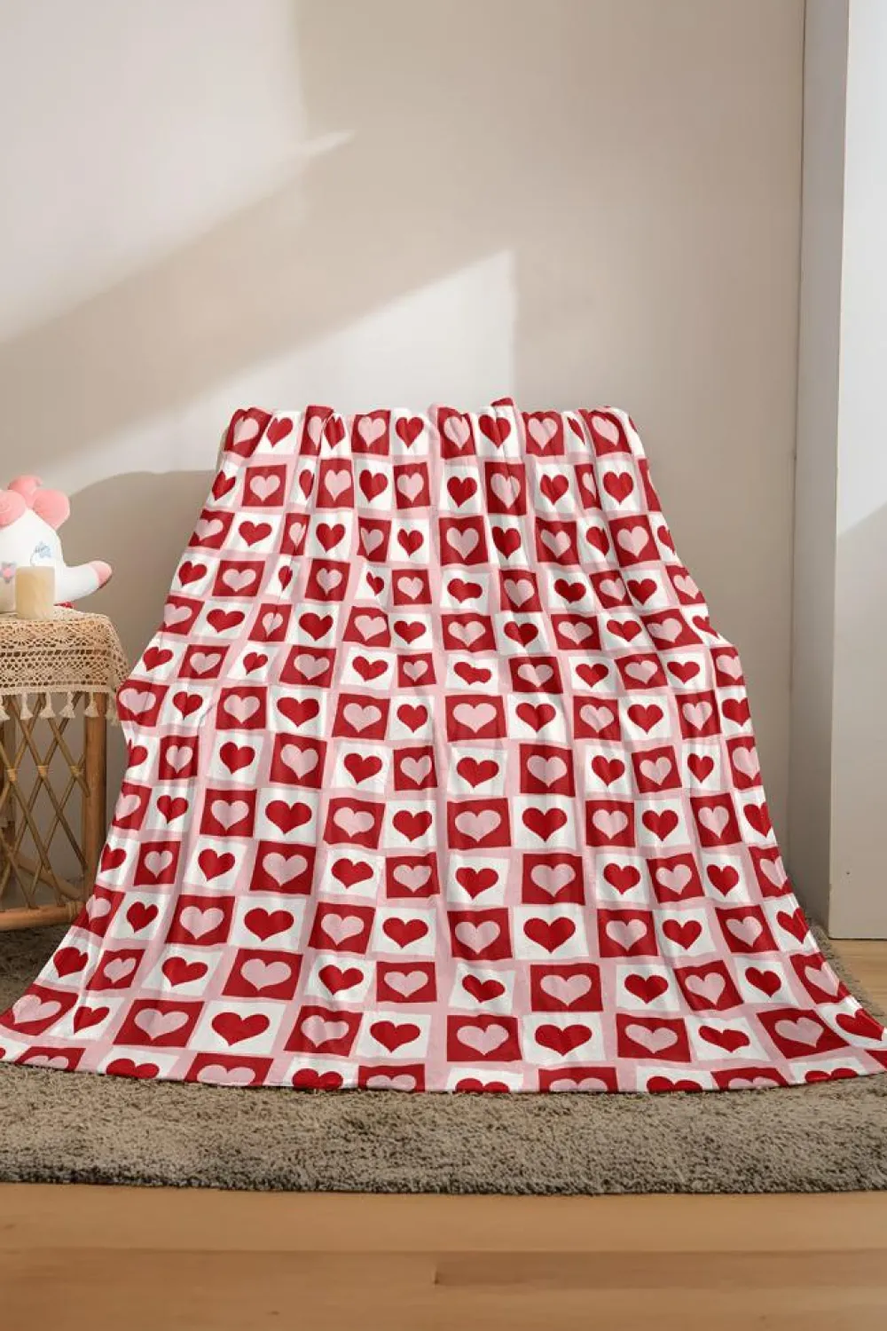 Sale Dear-Lover Heart Checkered Print Soft Large Blanket Fiery Red