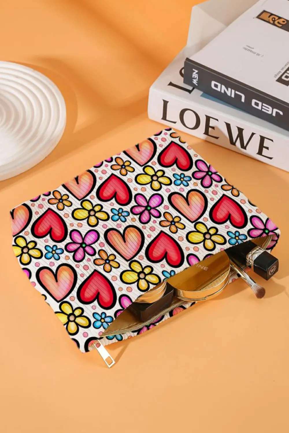New Dear-Lover Heart Flower Print Corduroy Large Makeup Bag Fiery Red